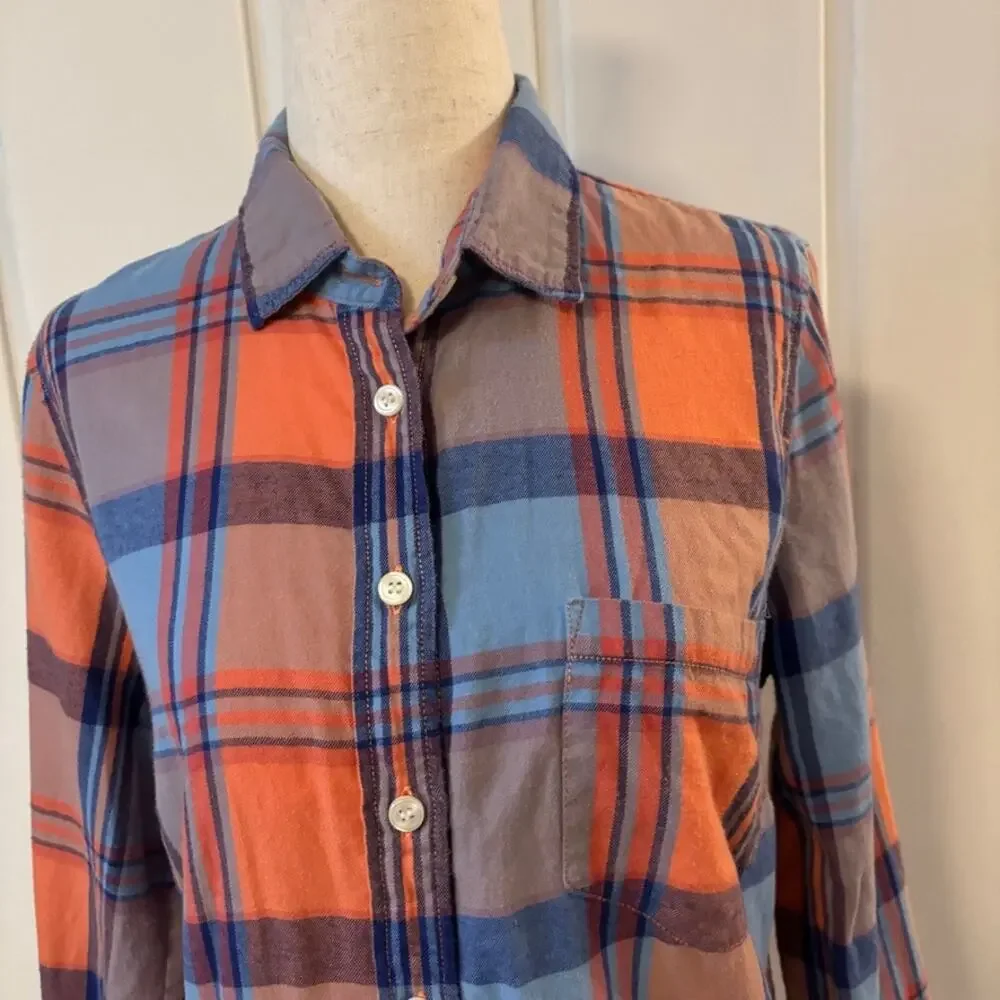 J. Crew Women's Flannel Perfect Shirt Plaid Orange Blue Size Small 100% Cotton